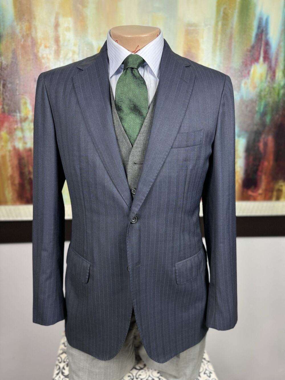 SARTORIO NAPOLI by KITON Italy 40R Blue Herringbone Stripe Wool Blazer 50IT Slim